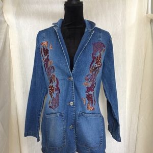 blue denim Jacket with Embroidered Stylized Leaves S